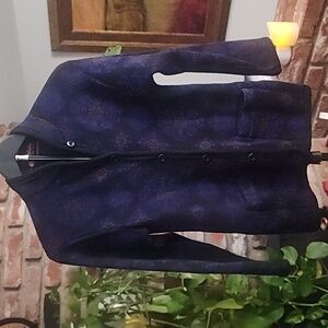 Globe Textured Wool Blend Mandarin Collar Cardigan Jacket Black Blue